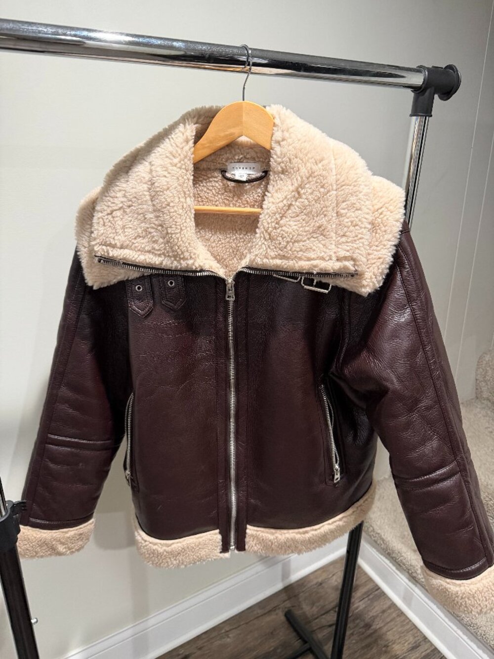 Topshop Faux Shearling Aviator Jacket Brown Leather Sherpa Lined Size M (US 8-10